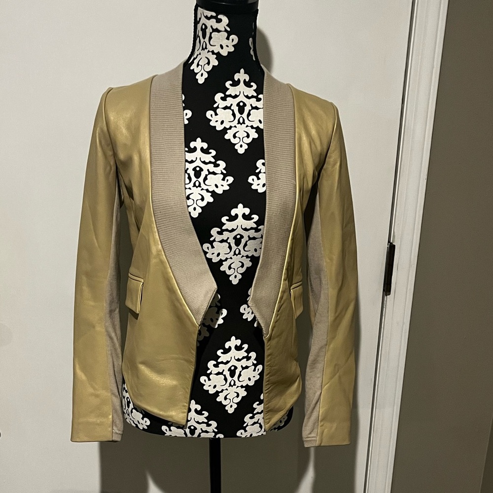 M Patmos Leather Merino Wool Open Front Jacket Metallic Gold Quiet Luxury XS - Picture 2 of 11